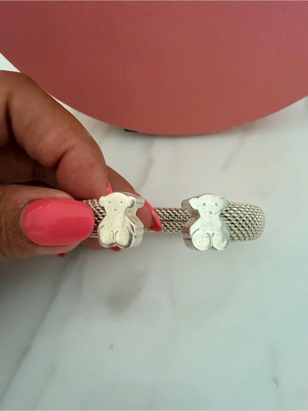 Tous Silver-Tone Mesh Open Cuff Bracelet with Bear End Caps